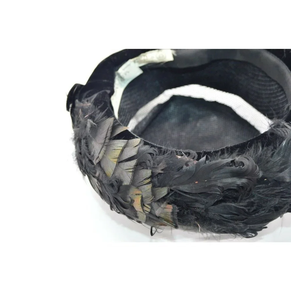 1950s Black Velvet Ostrich Feather Breton Hat Sear - Picture 5 of 6